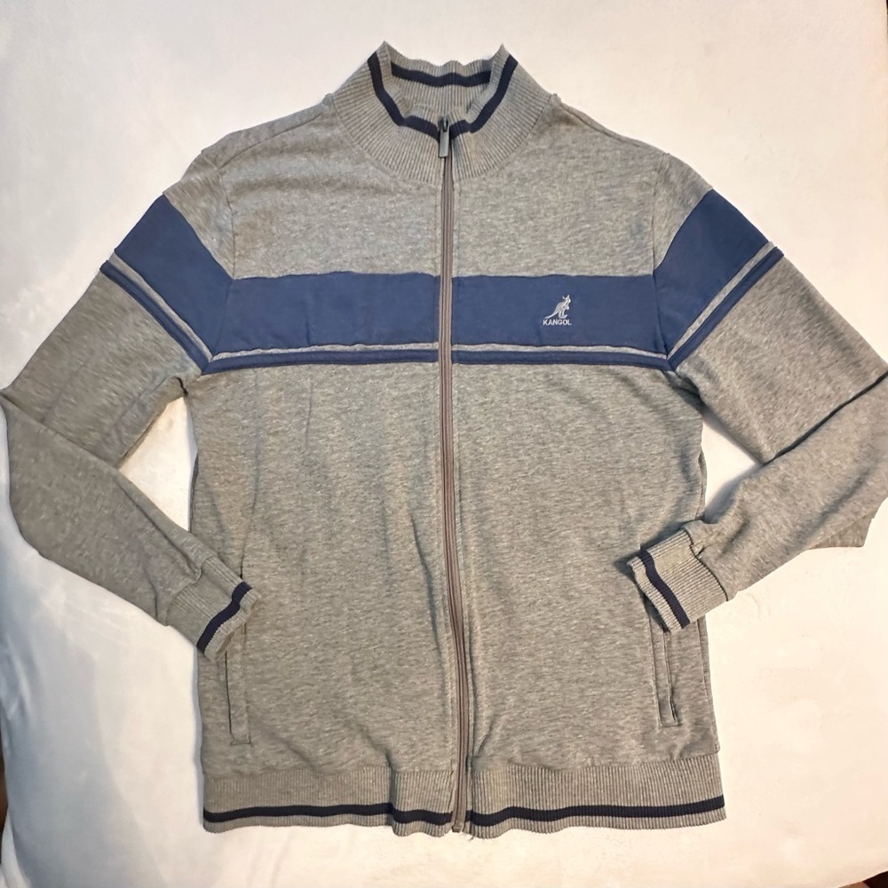 Kangol Born British Mock Neck Sweater Mens L Gray Blue Full Zip Stripe Kangaroo